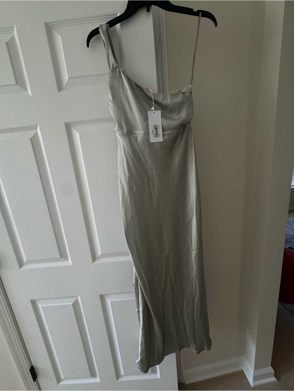 One-Shoulder Satin Evening Dress in Light Sage - Picture 2 of 2